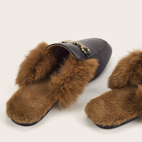 Black Casual Women's Wide Fit Fluffy Horsebit Loafer Mules - Picture 5 of 5